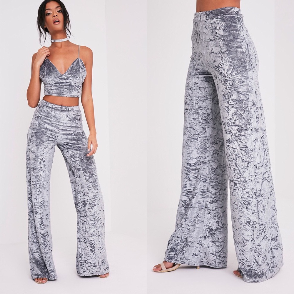 Gray Velvet Crop Top and Palazzo Pants